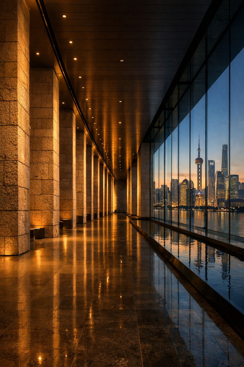 Contemporary Shanghai cultural architecture with warm evening light
