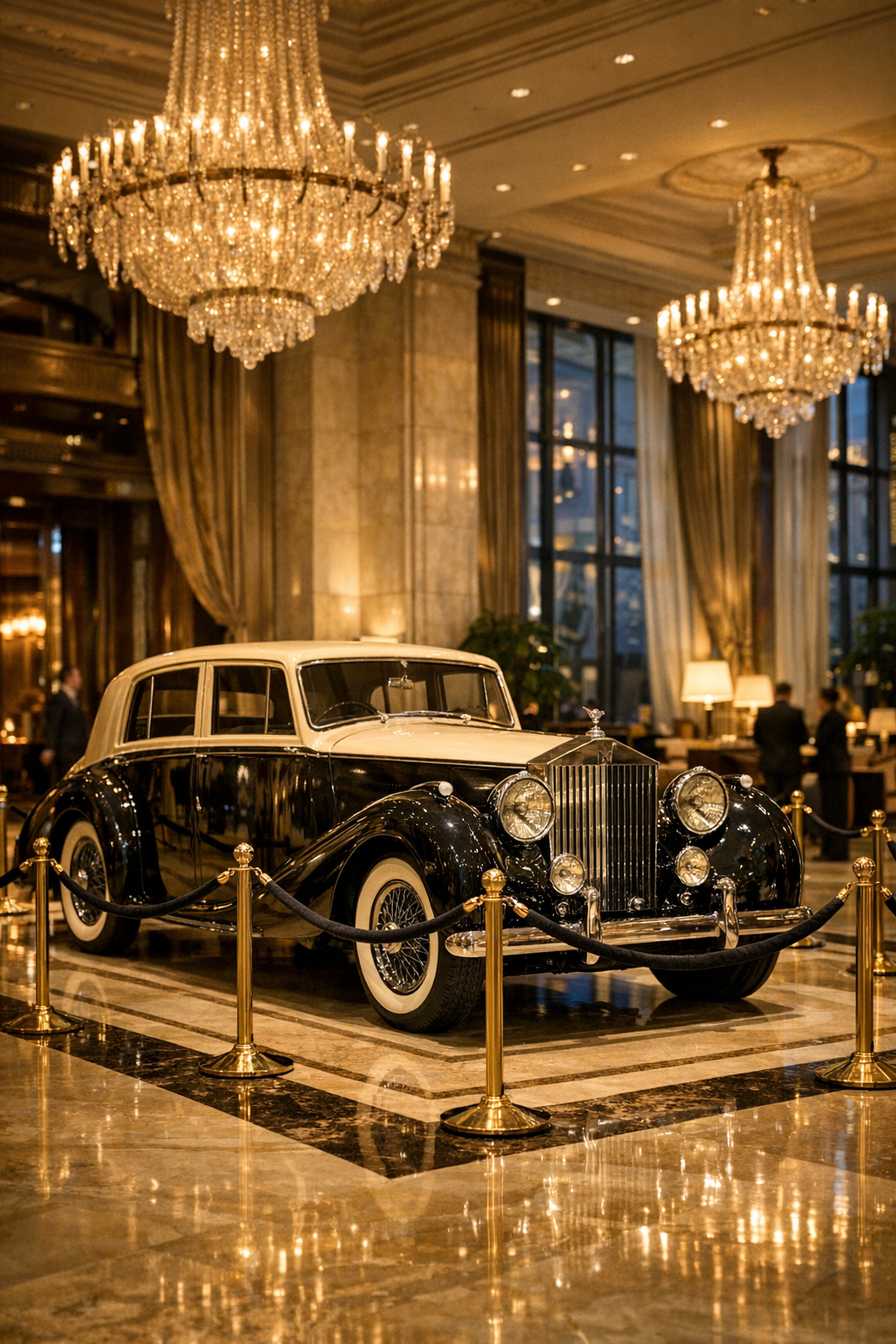 Vintage Rolls-Royce displayed in a grand hotel hall