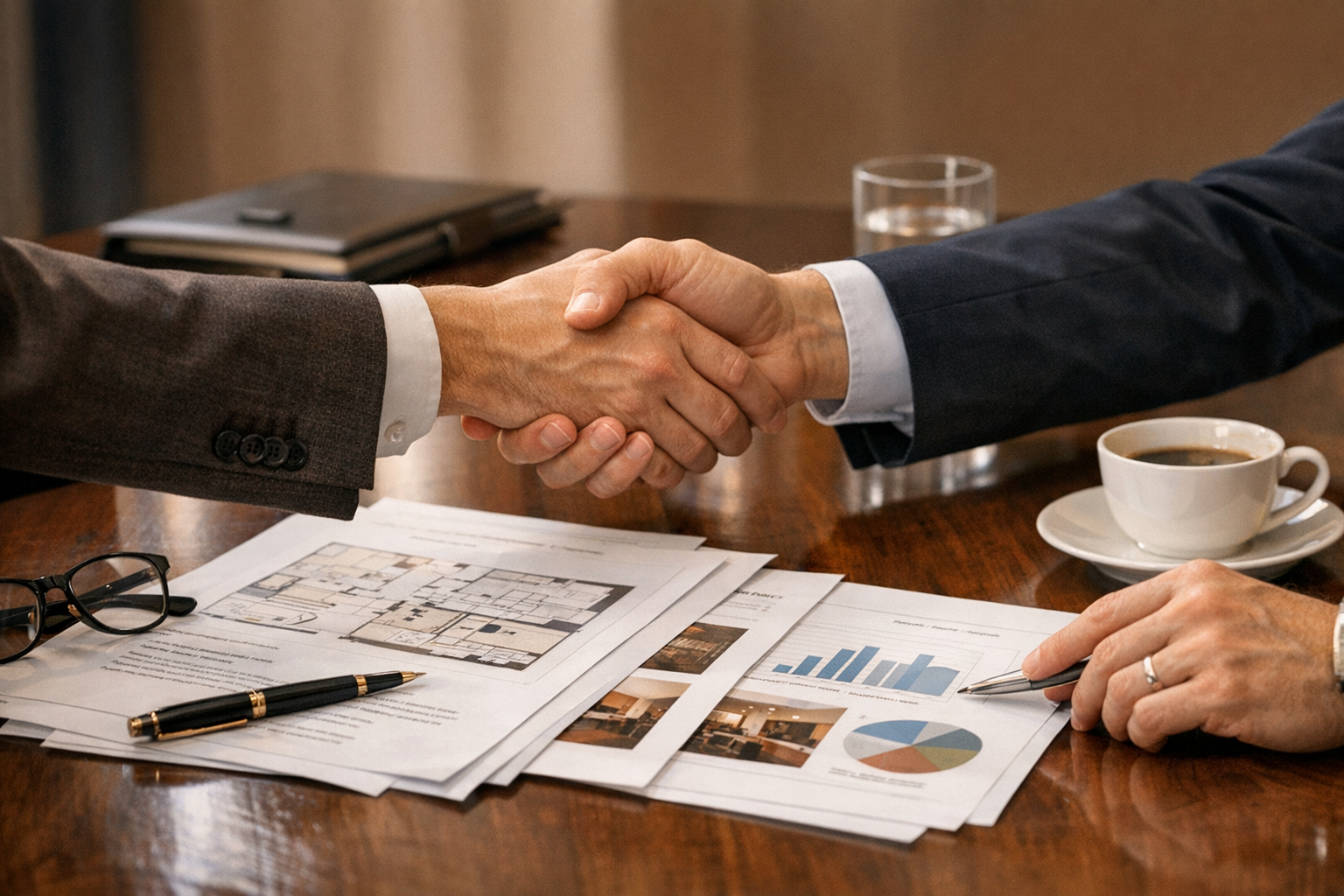 Close-up of professionals shaking hands across a project proposal