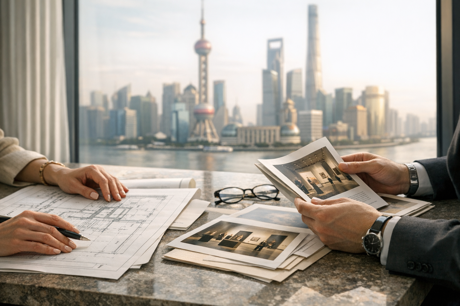 Hands reviewing exhibition plans and photographs with the Shanghai skyline in the background