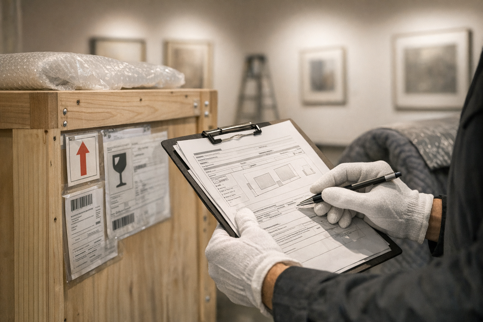 Gloved hands checking artwork crate labels in a contemporary gallery