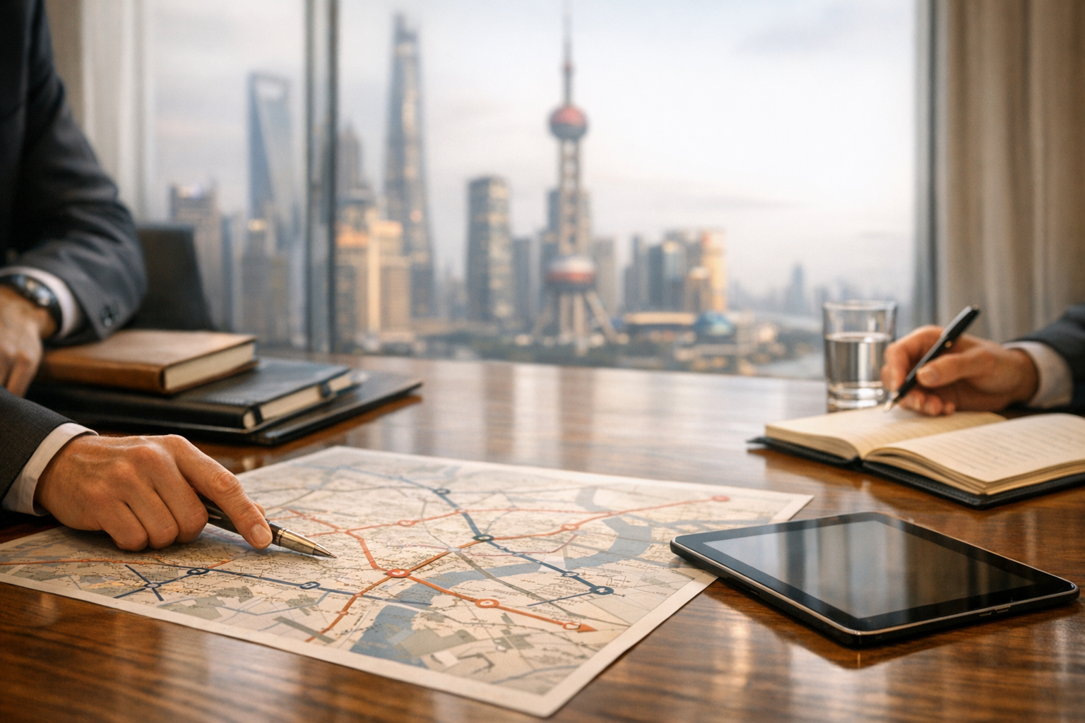 Hands reviewing route maps and documents on a polished boardroom table